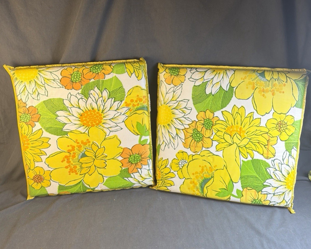 Vintage Mid Century Floral Vinyl 2 Patio Chair Cushions 16x16